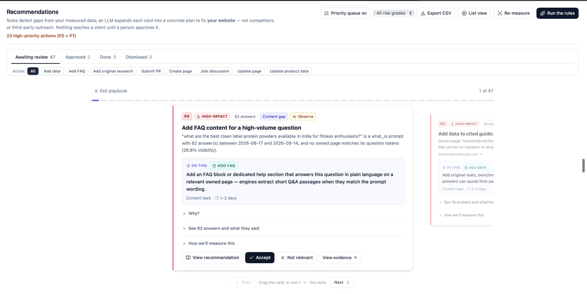 Recommendations queue showing a high-impact FAQ action awaiting review with supporting evidence